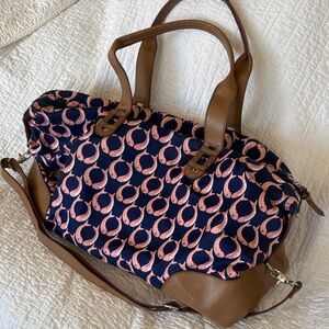 Stella & Dot Navy Tote with Orange Fish Pattern and Brown Trim